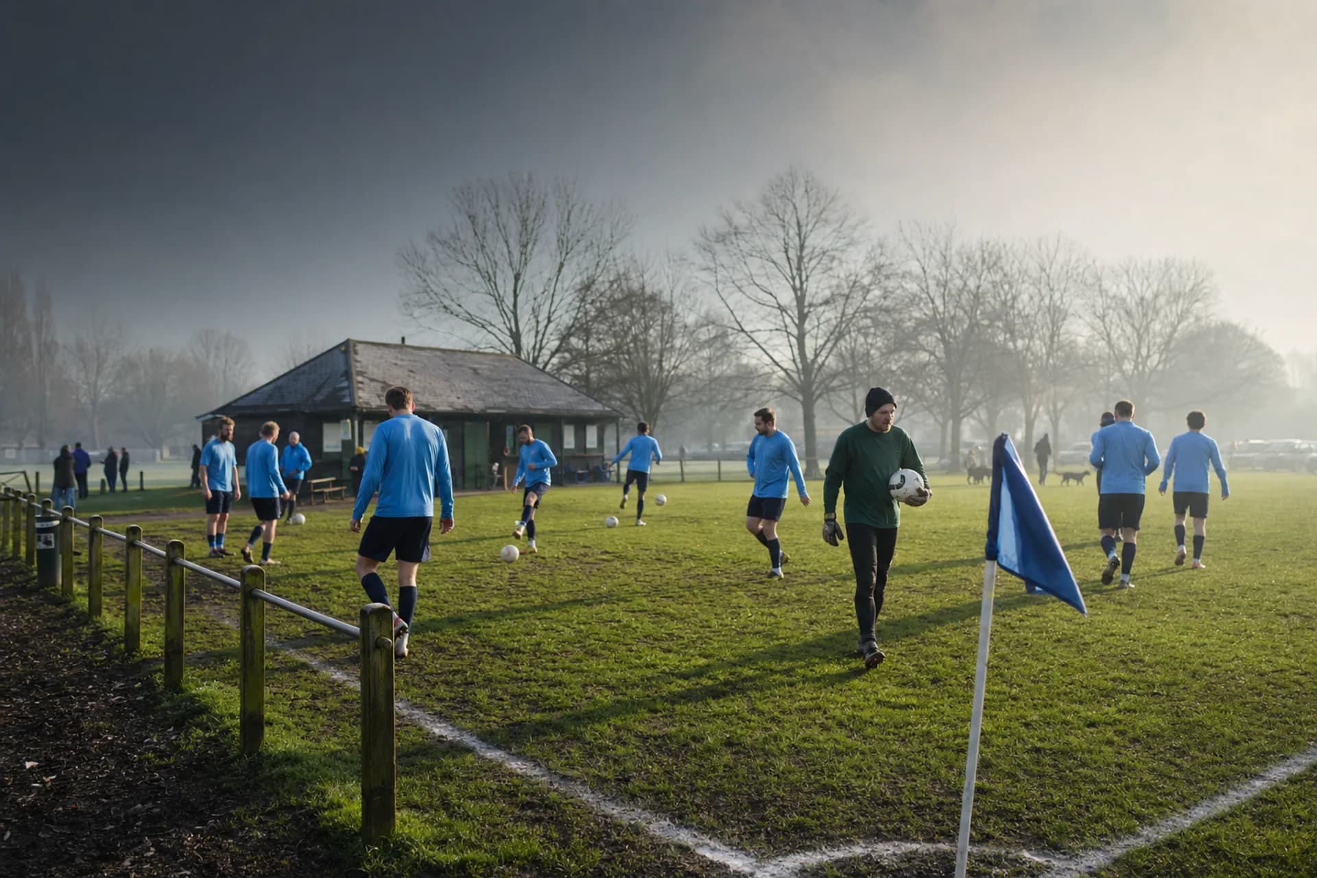 Fictional Sunday-league players warming up on public playing fields